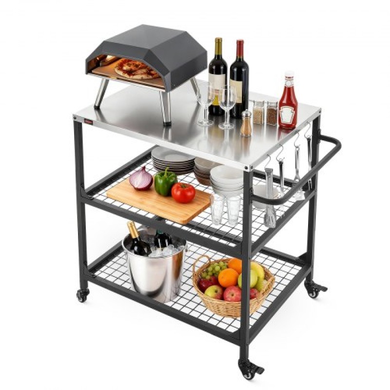 VEVOR Outdoor Grill Cart, τραπέζι ψησίματος από ανοξείδωτο ατσάλι 800 x 610 mm, Τραπέζι ψησίματος εξωτερικού χώρου με 4 ρόδες & πλαϊνή λαβή, δύο διχτυωτά ράφια, τραπέζια προετοιμασίας μπάρμπεκιου για βεράντα, κήπο