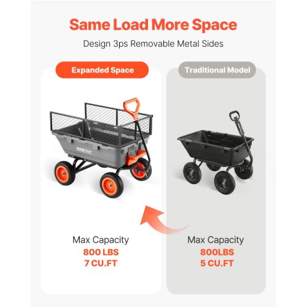 VEVOR Garden Dump Cart, 362 kg Poly Dump Cart, Garden Carts Dumps Wagon with Storage Fence, 90° Quick-Dumps Mechanism, 180° Swivel Wheels, 90° Rotating Handle, Yard Wagon for Plants, Soil, Crops