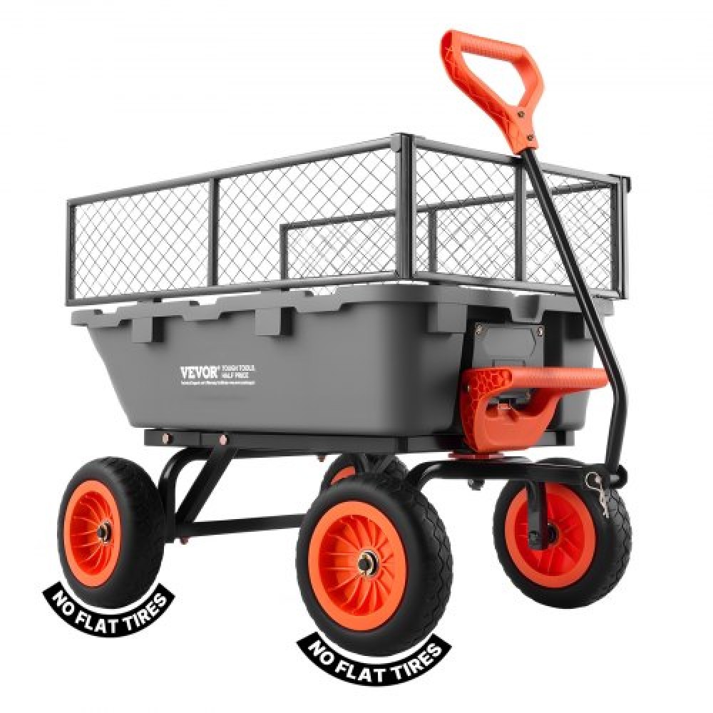 VEVOR Garden Dump Cart, 362 kg Poly Dump Cart, Garden Carts Dumps Wagon with Storage Fence, 90° Quick-Dumps Mechanism, 180° Swivel Wheels, 90° Rotating Handle, Yard Wagon for Plants, Soil, Crops