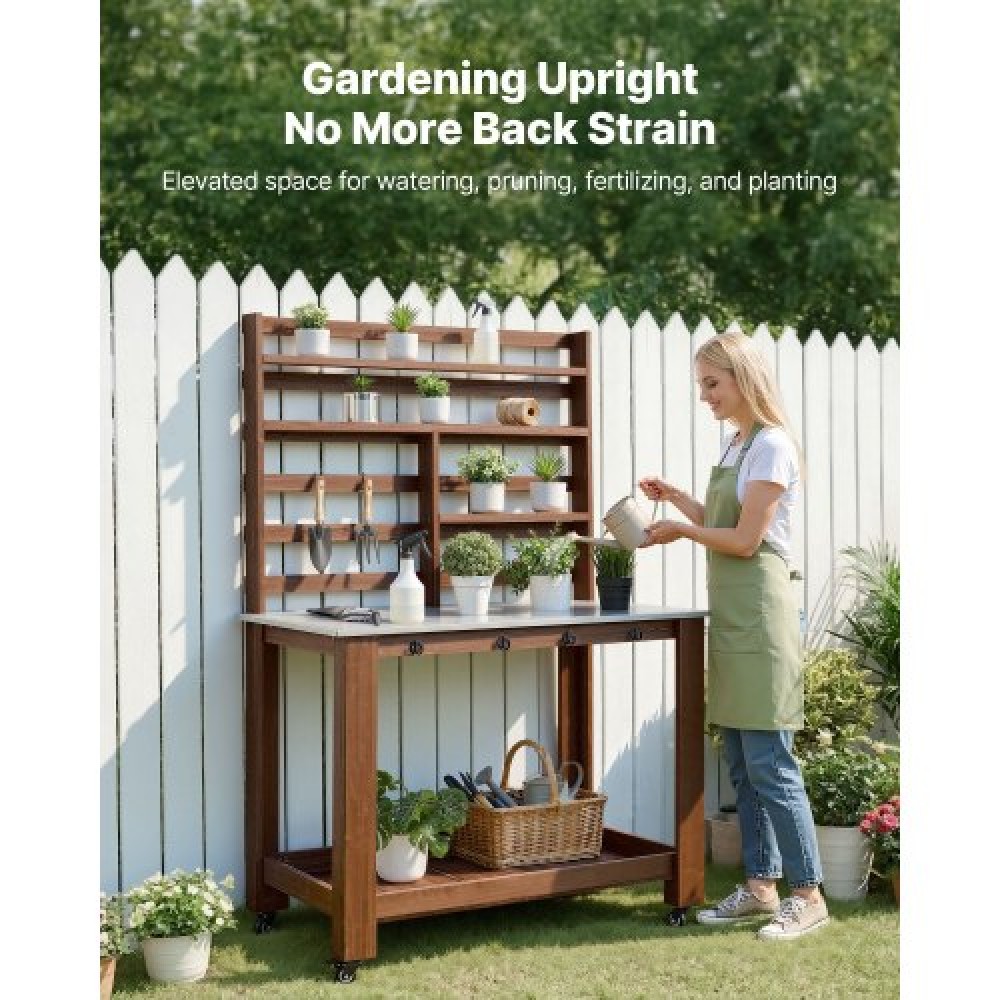 VEVOR Potting Bench Table, Outdoor Gardening Workstation with 115 x 66 cm Stainless Steel Tabletop, Storage Shelves, 4 Casters, Hooks, Garden Planting Work Station for Outside Patio, Backyard, Brown
