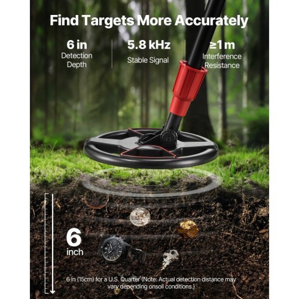 VEVOR Metal Detector, 152.4 mm, Lightweight Metal Detector with LCD Display, P68 Waterproof Search Coil, Adjustable 580-860 mm High Accuracy Gold Detector, Easy to Use, for Detecting Gold Treasure