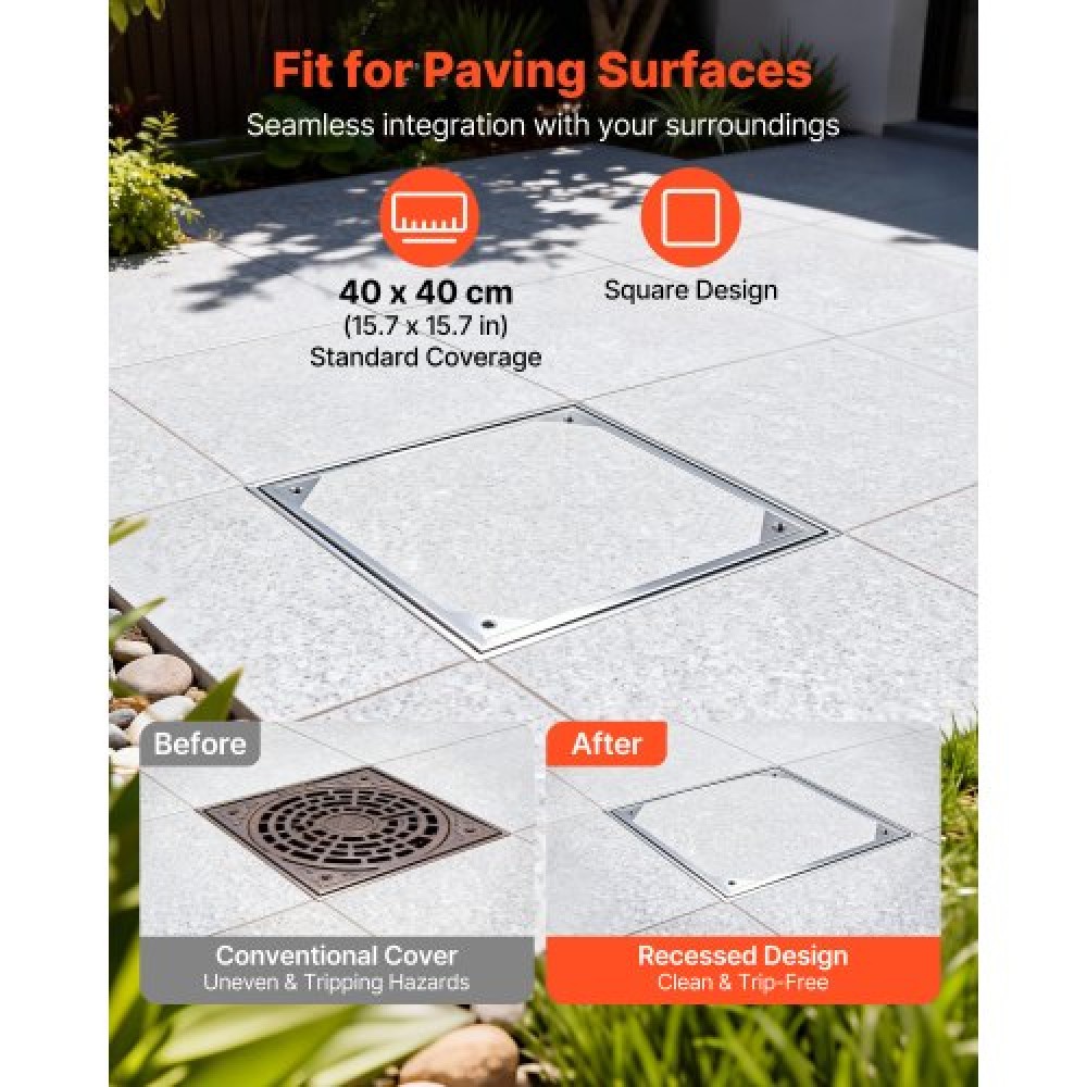 VEVOR Manhole Cover with Frame, 400 x 400mm Invisible Recessed Septic Tank Access Covers, Aluminum Alloy Embedded Drain Channel Inspection Cover for Pavements Gardens Patios