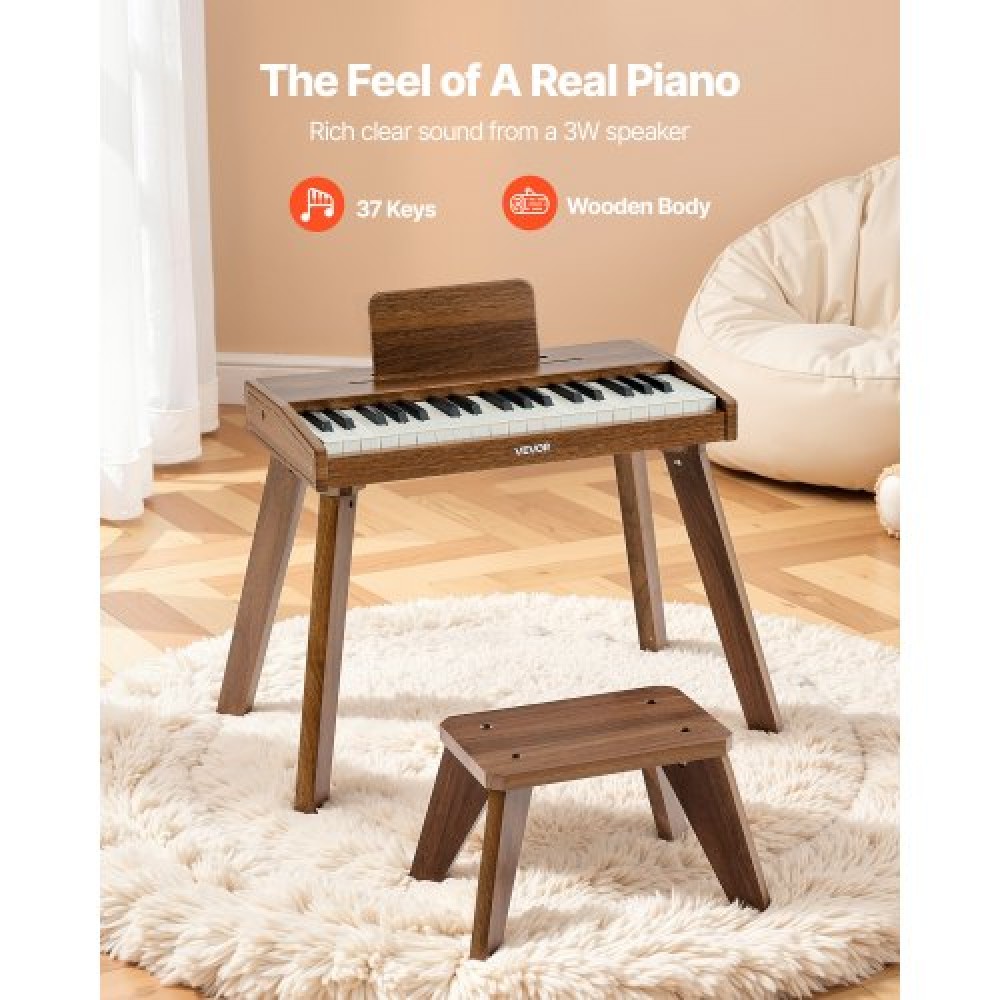 VEVOR Kids Piano Keyboard, 37 Key Wooden Digital Piano for Kids, Mini Music Educational Instrument Toy Set with Realistic Sound, Dual Power, Adjustable Volume for Toddlers, Boys Girls Learning,Walnut