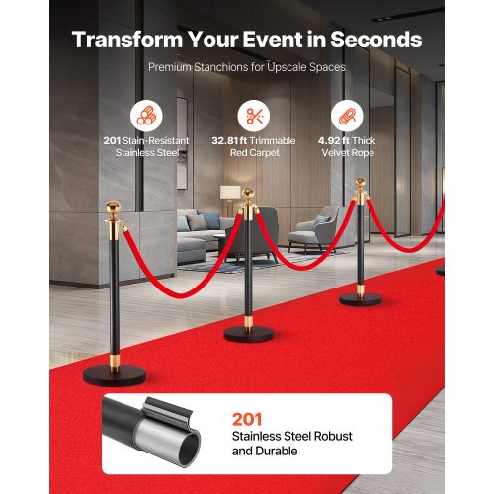 VEVOR Stanchion Post, 6 Pcs Crowd Control Barrier Set with Red Carpet, 4 Red Velvet Ropes, Stainless Steel Gold Stanchion Post Queue with Hollow Base for Theater, Party, Wedding, Exhibition (Black)