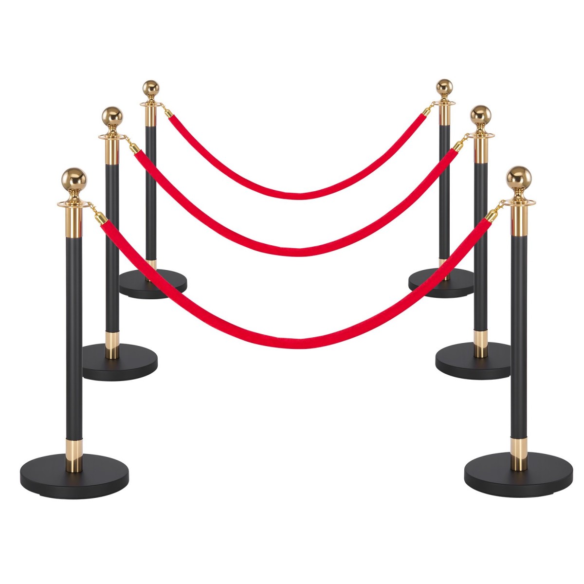 VEVOR Stanchion Post, 6 τμχ Σετ Crowd Control Barrier με Κόκκινο Χαλί, 4 Red Velvet Σχοινιά, Ανοξείδωτο Χρυσό Stanchion Post Queue με Κοίλη Βάση για Θέατρο, Πάρτυ, Γάμο, Έκθεση (Μαύρο)