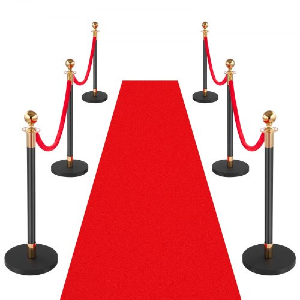 VEVOR Stanchion Post, 6 Pcs Crowd Control Barrier Set with Red Carpet, 4 Red Velvet Ropes, Stainless Steel Gold Stanchion Post Queue with Hollow Base for Theater, Party, Wedding, Exhibition (Black)