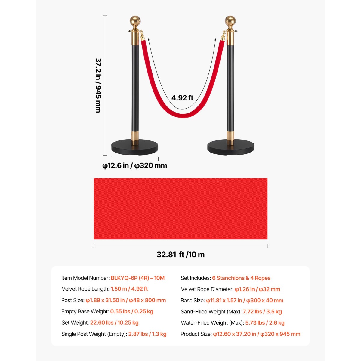 VEVOR Stanchion Post, 6 τμχ Σετ Crowd Control Barrier με Κόκκινο Χαλί, 4 Red Velvet Σχοινιά, Ανοξείδωτο Χρυσό Stanchion Post Queue με Κοίλη Βάση για Θέατρο, Πάρτυ, Γάμο, Έκθεση (Μαύρο)