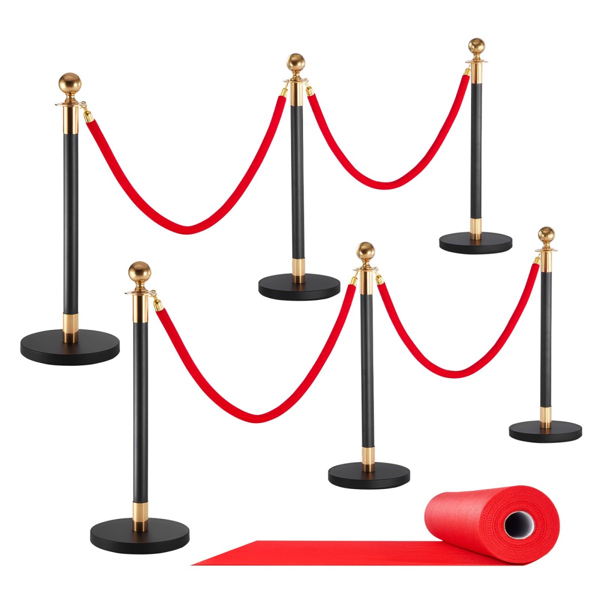 VEVOR Stanchion Post, 6 τμχ Σετ Crowd Control Barrier με Κόκκινο Χαλί, 4 Red Velvet Σχοινιά, Ανοξείδωτο Χρυσό Stanchion Post Queue με Κοίλη Βάση για Θέατρο, Πάρτυ, Γάμο, Έκθεση (Μαύρο)