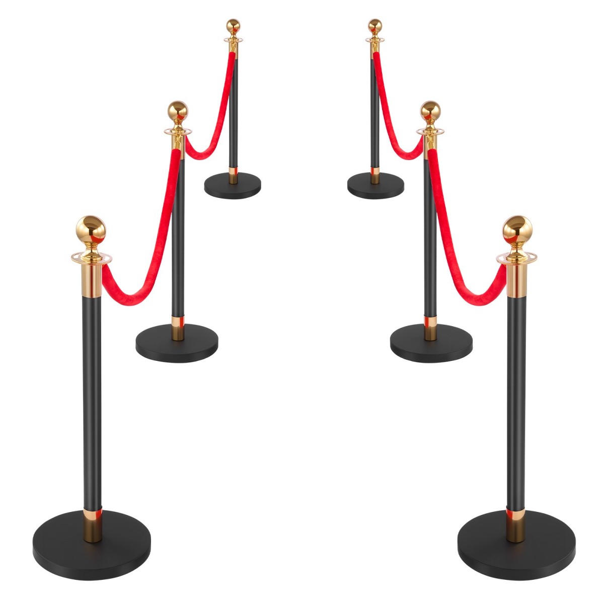 VEVOR Stanchion Post, 6 τμχ Σετ Crowd Control Barrier με Κόκκινο Χαλί, 4 Red Velvet Σχοινιά, Ανοξείδωτο Χρυσό Stanchion Post Queue με Κοίλη Βάση για Θέατρο, Πάρτυ, Γάμο, Έκθεση (Μαύρο)