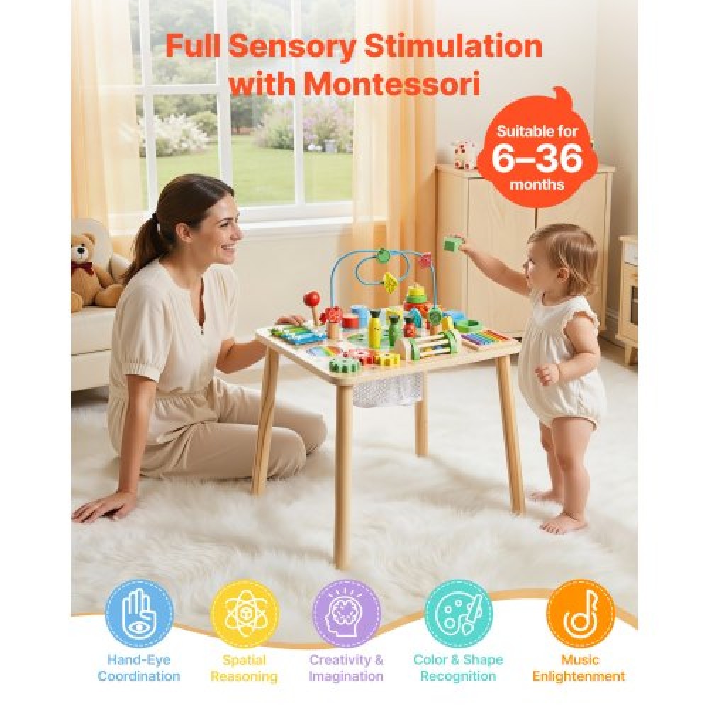 VEVOR Montessori Activity Table for Toddler 1-3 Years Old, 13 in 1 Wooden Learn Activity Desk, Baby Play Table for Boys & Girls Aged 6+ Months, Great Birthday, Christmas, Children's Day Present