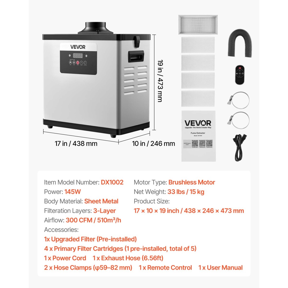 VEVOR Solder Fume Extractor, αναβαθμισμένος απορροφητής καπνού με φίλτρο 4 σταδίων με ισχυρή αναρρόφηση 510 m³/h, 10 ταχύτητες & τηλεχειριστήριο Brushless Smoke Extractor για χάραξη με λέιζερ, εκτύπωση 3D