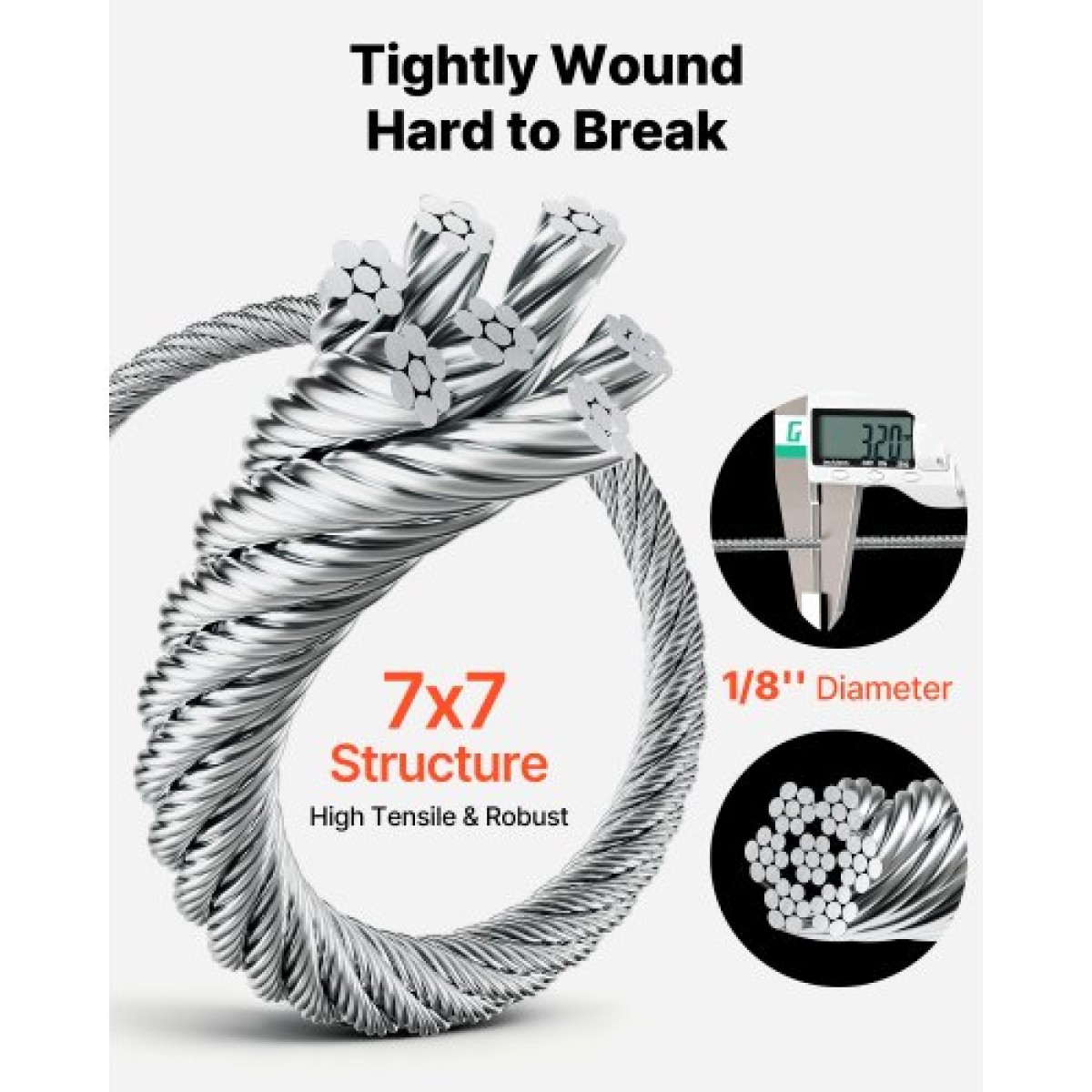 Κιτ συρματόσχοινου VEVOR 3,2 mm, μήκους 12,2 m, καλώδιο σύρματος από ανοξείδωτο χάλυβα 316, αντοχή σε θραύση 7,1 kN, κατασκευή 7 x 7 σκελών, χαλύβδινο καλώδιο για σύστημα κιγκλιδώματος καταστρώματος, πέργκολα κήπου, φώτα χορδών