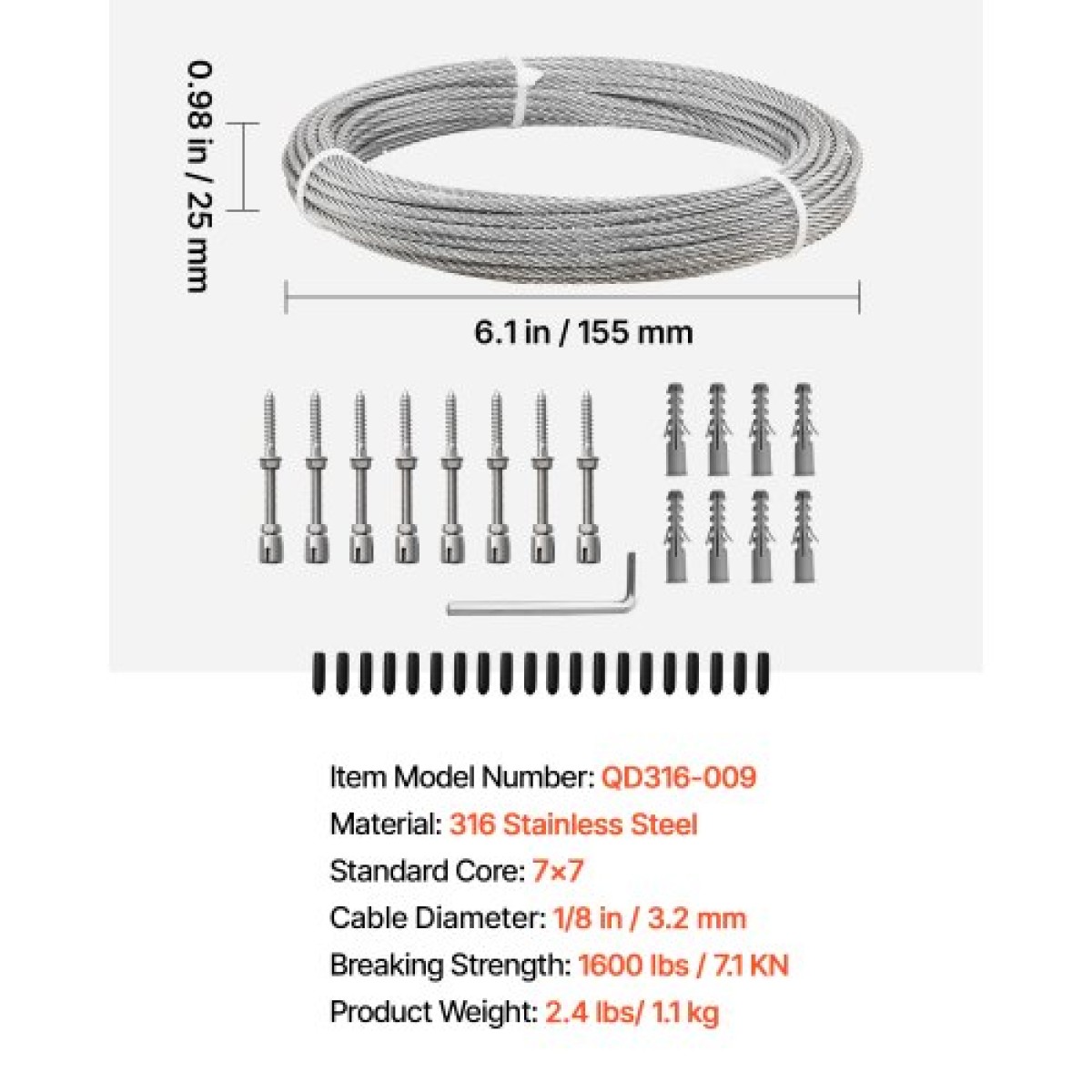 Κιτ συρματόσχοινου VEVOR 3,2 mm, μήκους 12,2 m, καλώδιο σύρματος από ανοξείδωτο χάλυβα 316, αντοχή σε θραύση 7,1 kN, κατασκευή 7 x 7 σκελών, χαλύβδινο καλώδιο για σύστημα κιγκλιδώματος καταστρώματος, πέργκολα κήπου, φώτα χορδών