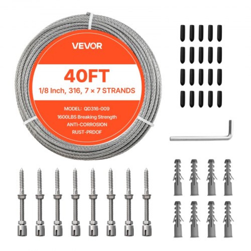 Κιτ συρματόσχοινου VEVOR 3,2 mm, μήκους 12,2 m, καλώδιο σύρματος από ανοξείδωτο χάλυβα 316, αντοχή σε θραύση 7,1 kN, κατασκευή 7 x 7 σκελών, χαλύβδινο καλώδιο για σύστημα κιγκλιδώματος καταστρώματος, πέργκολα κήπου, φώτα χορδών
