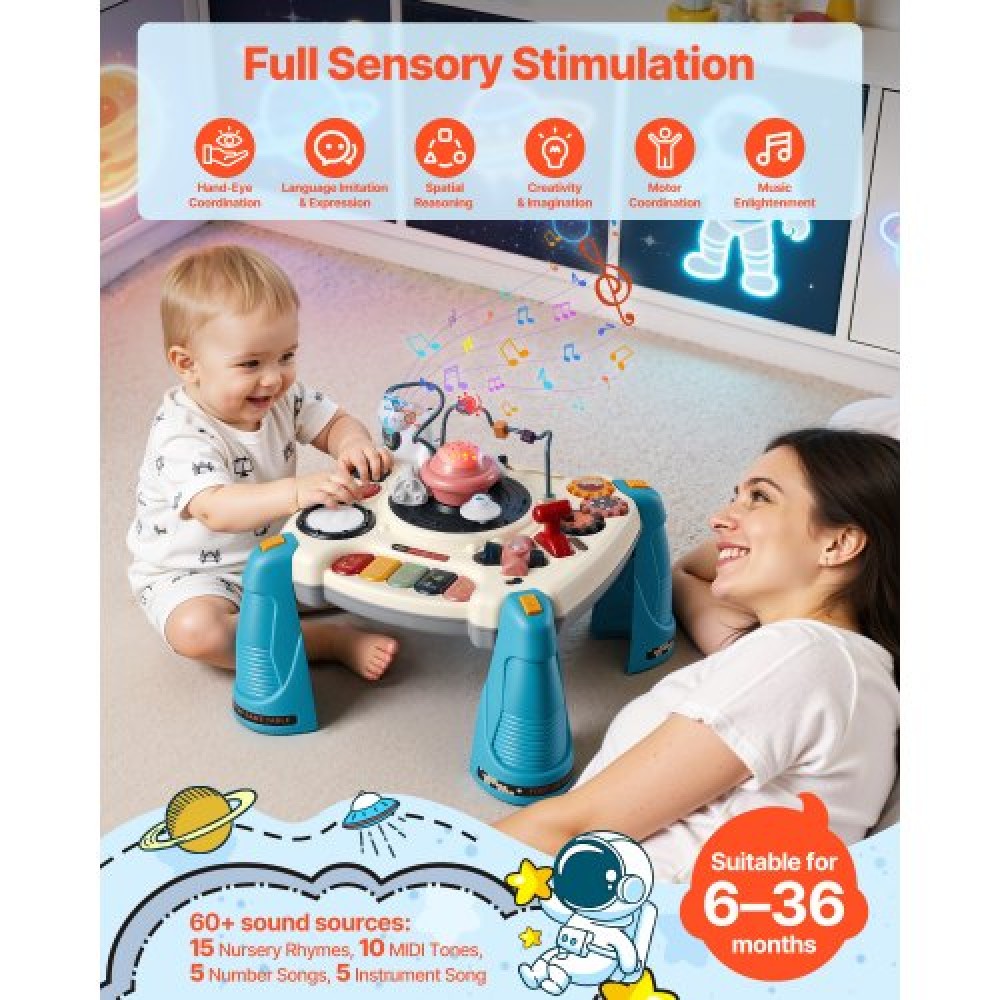 VEVOR Baby Spacecraft Musical Table Toys for 1-3 Years Old, Learning Activity Desk with Space Theme & Soft-glow Star Projector & 60+ Sound Sources, Toddler Learning Table for Kids 6+ Months