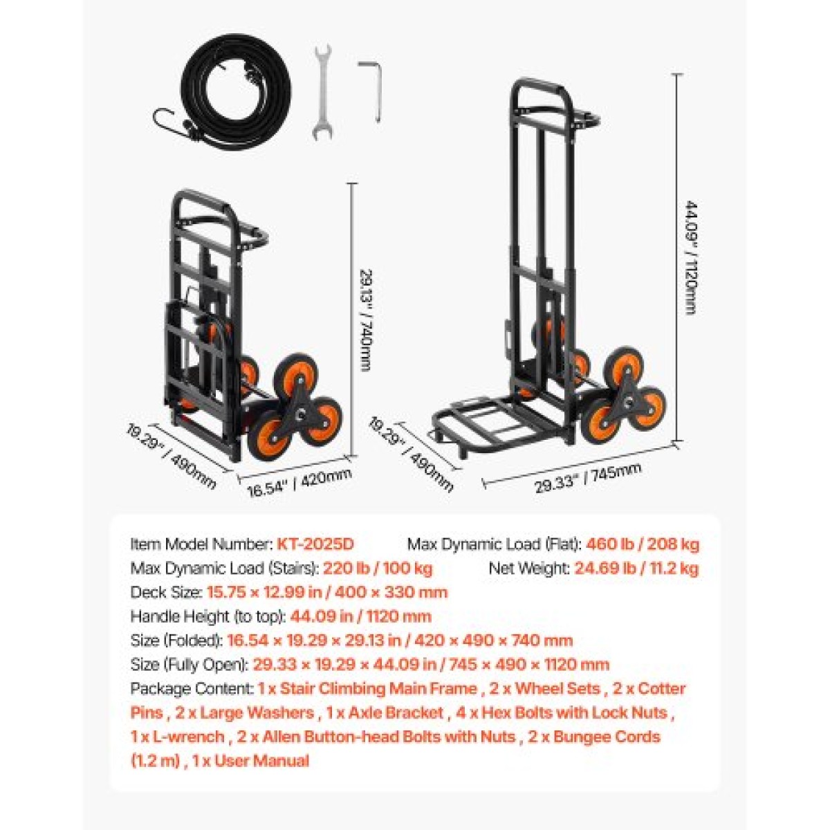 Καροτσάκι αναρρίχησης σκαλοπατιών VEVOR, 100 kg, ικανότητα αναρρίχησης σκάλας, πτυσσόμενο καρότσι βαρέως τύπου με τηλεσκοπική λαβή, 6 ρόδες και 2 κορδόνια bungee, κούκλα αναρρίχησης σκάλας για σπίτι, παντοπωλεία, αποθήκη