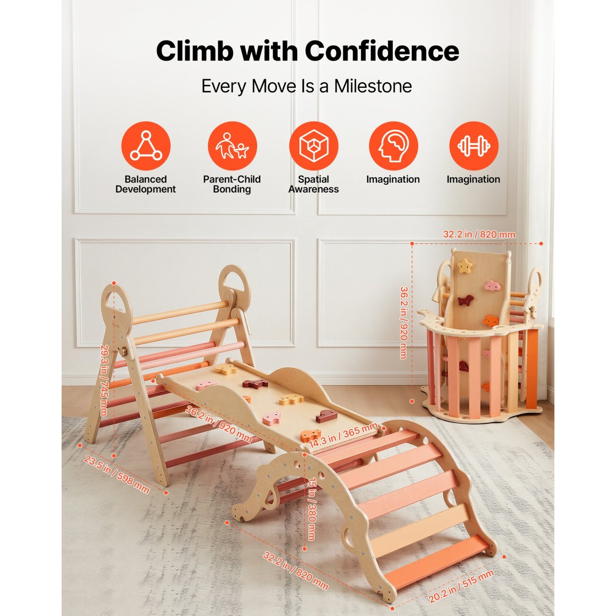VEVOR Pikler Triangle Set, 9 σε 1 Toddler Climbing Toys Indoor, με 2 Ξύλινα Αυτοκίνητα, Μαξιλάρι, Τρίγωνο, Αψίδα και Ράμπα, Φορτίο 68 κιλών, Πτυσσόμενο Σετ αναρρίχησης Montessori για νήπια και παιδιά, πορτοκαλί