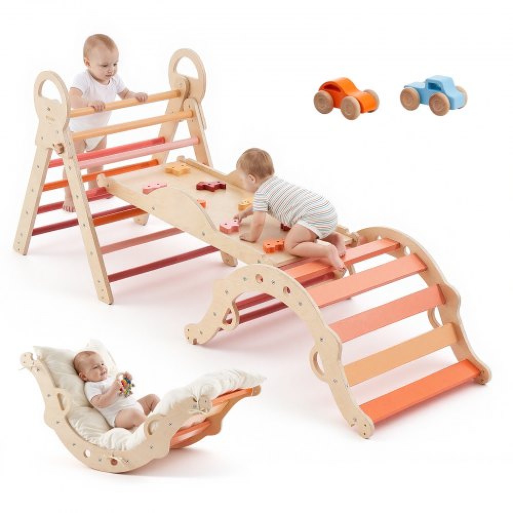 VEVOR Pikler Triangle Set, 9 σε 1 Toddler Climbing Toys Indoor, με 2 Ξύλινα Αυτοκίνητα, Μαξιλάρι, Τρίγωνο, Αψίδα και Ράμπα, Φορτίο 68 κιλών, Πτυσσόμενο Σετ αναρρίχησης Montessori για νήπια και παιδιά, πορτοκαλί
