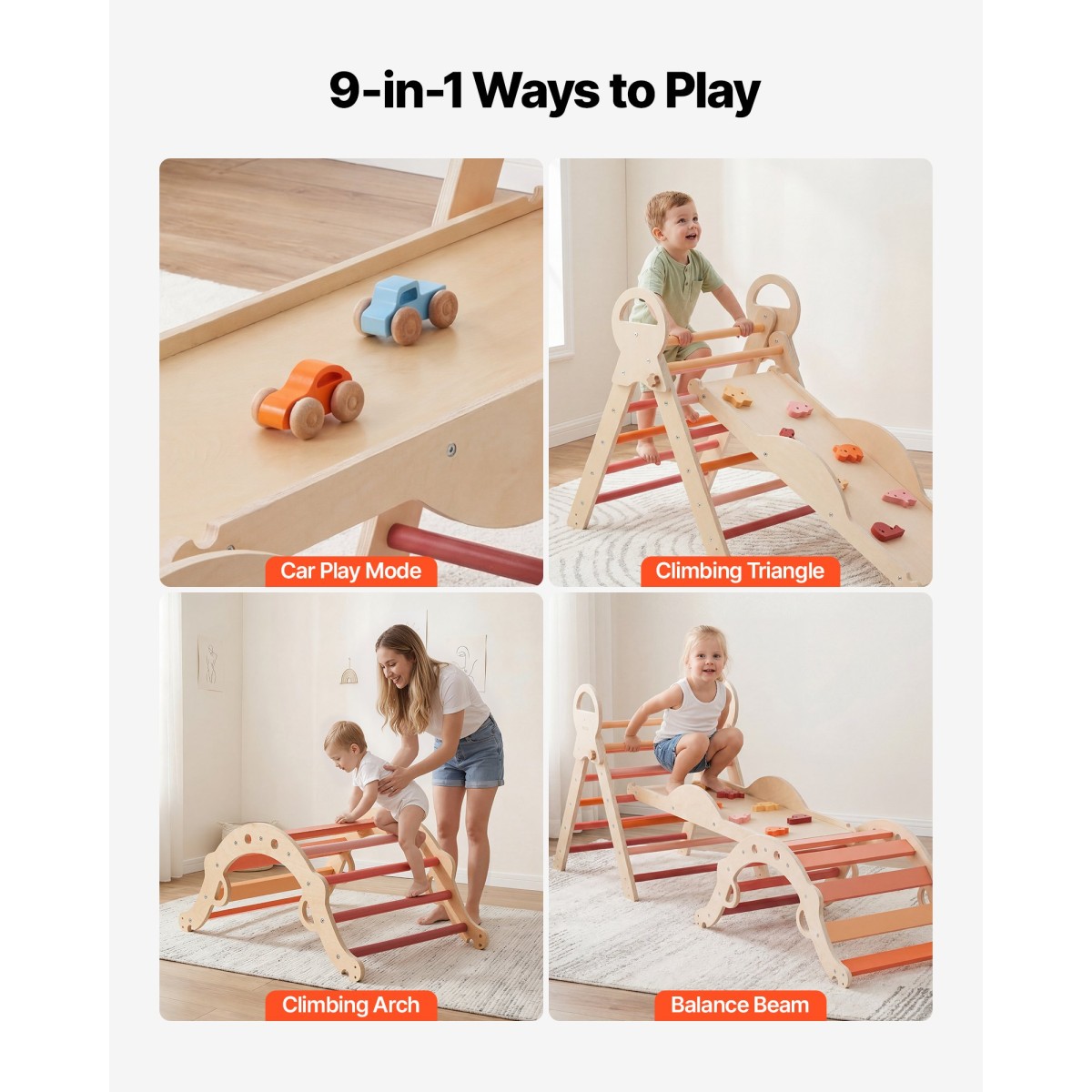 VEVOR Pikler Triangle Set, 9 σε 1 Toddler Climbing Toys Indoor, με 2 Ξύλινα Αυτοκίνητα, Μαξιλάρι, Τρίγωνο, Αψίδα και Ράμπα, Φορτίο 68 κιλών, Πτυσσόμενο Σετ αναρρίχησης Montessori για νήπια και παιδιά, πορτοκαλί