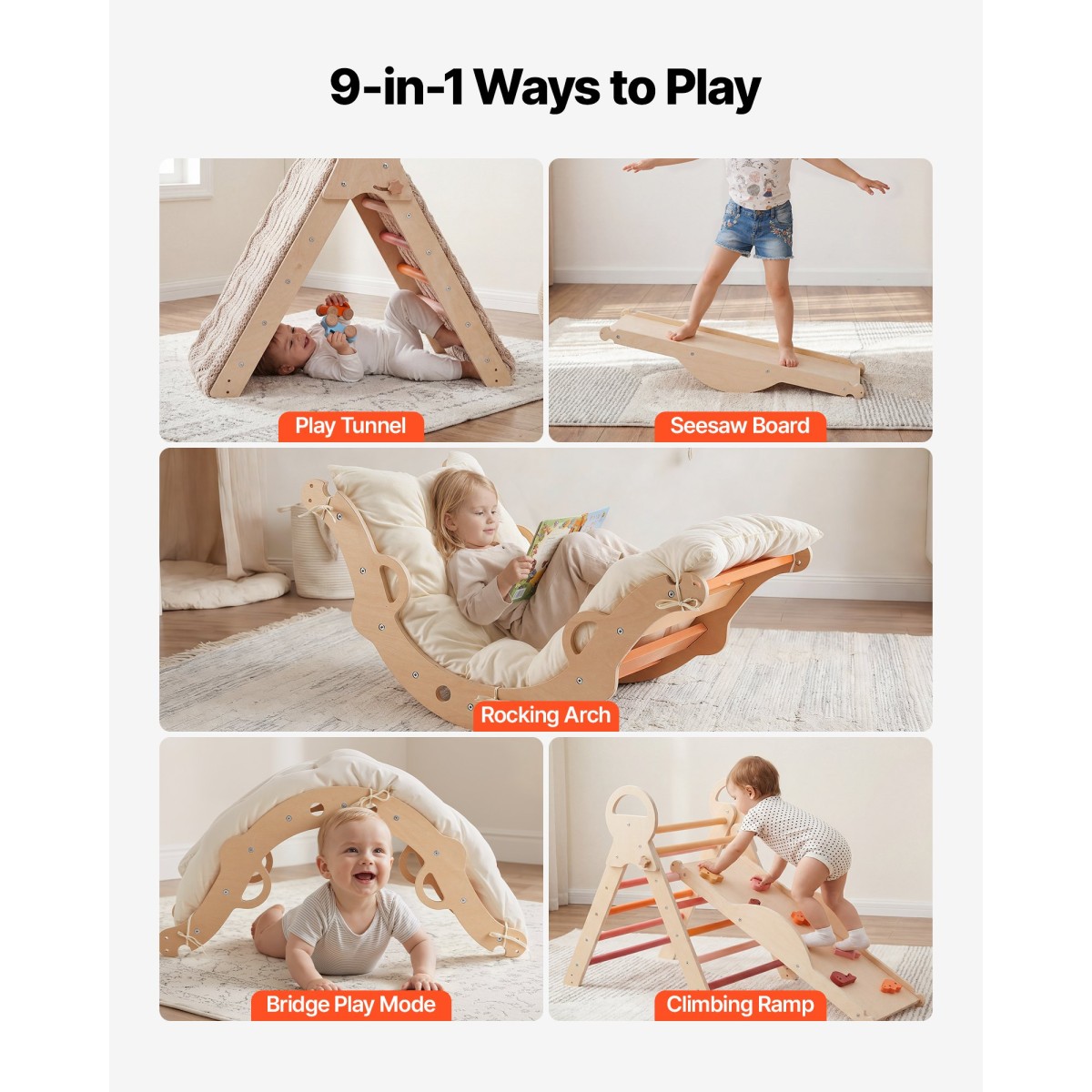 VEVOR Pikler Triangle Set, 9 σε 1 Toddler Climbing Toys Indoor, με 2 Ξύλινα Αυτοκίνητα, Μαξιλάρι, Τρίγωνο, Αψίδα και Ράμπα, Φορτίο 68 κιλών, Πτυσσόμενο Σετ αναρρίχησης Montessori για νήπια και παιδιά, πορτοκαλί