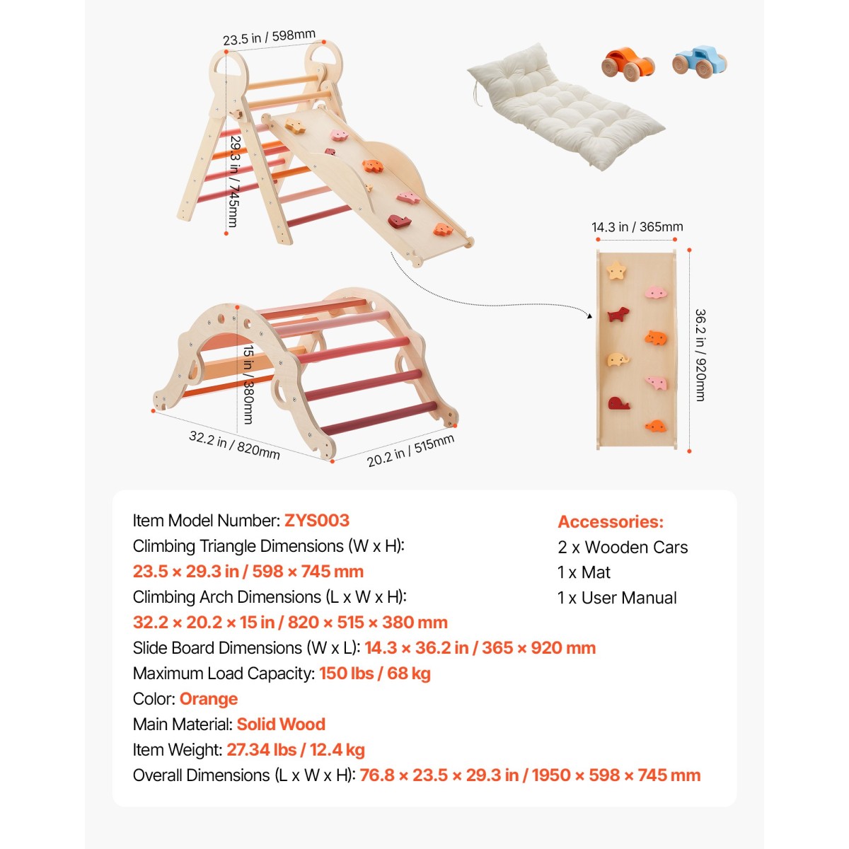 VEVOR Pikler Triangle Set, 9 σε 1 Toddler Climbing Toys Indoor, με 2 Ξύλινα Αυτοκίνητα, Μαξιλάρι, Τρίγωνο, Αψίδα και Ράμπα, Φορτίο 68 κιλών, Πτυσσόμενο Σετ αναρρίχησης Montessori για νήπια και παιδιά, πορτοκαλί