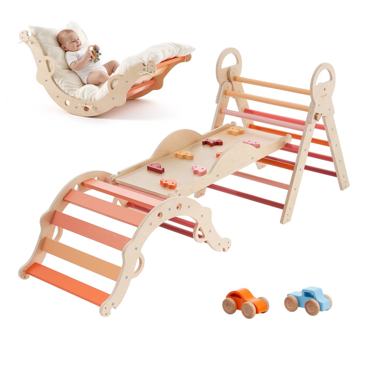 VEVOR Pikler Triangle Set, 9 σε 1 Toddler Climbing Toys Indoor, με 2 Ξύλινα Αυτοκίνητα, Μαξιλάρι, Τρίγωνο, Αψίδα και Ράμπα, Φορτίο 68 κιλών, Πτυσσόμενο Σετ αναρρίχησης Montessori για νήπια και παιδιά, πορτοκαλί