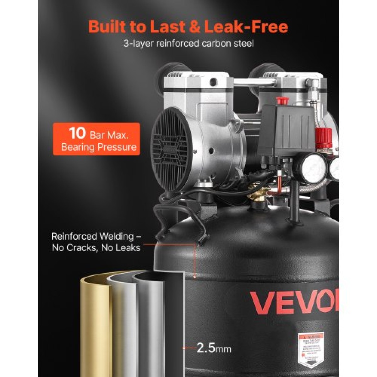 VEVOR 30L Air Compressor, 1,5KW 113L/min at 6,2 Bar Air Compressors, Max 10 Bar Pressure Oil-free Tank Compressor for Auto Repair, Infletting ελαστικών, Spray Paining, Woodwork Nailing
