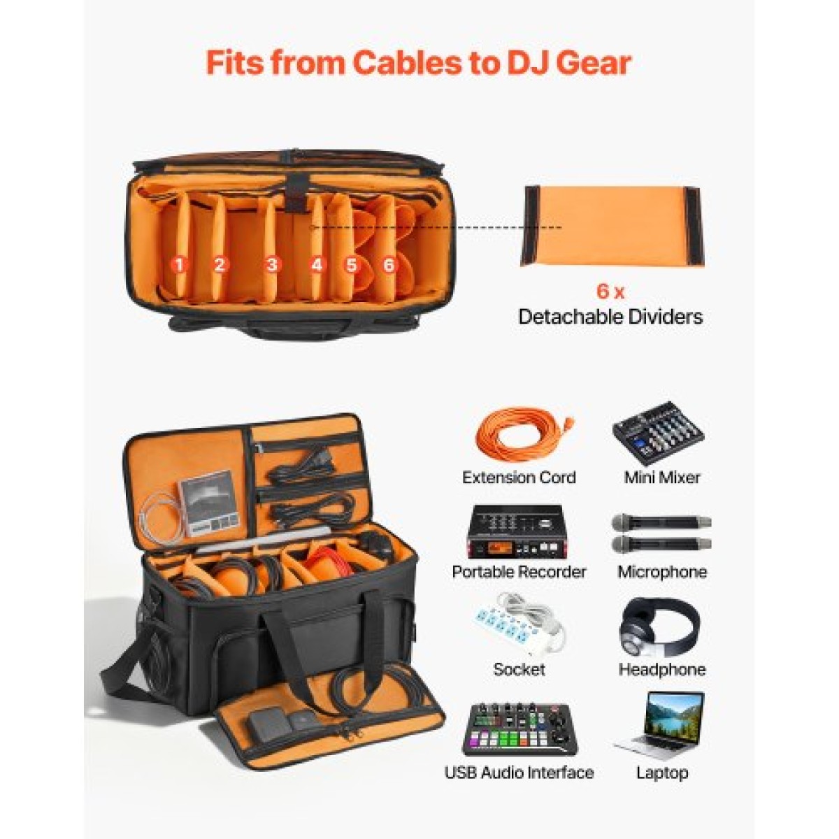 Τσάντα καλωδίου VEVOR Rolling DJ, 1680D, Επενδυμένη τσάντα Gig File με ρόδες, 6 αποσπώμενο διαχωριστικό, Θήκη αποθήκευσης μουσικής ταξιδιού, για επαγγελματικό εξοπλισμό DJ, μουσικά όργανα και αξεσουάρ, εξοπλισμός ήχου