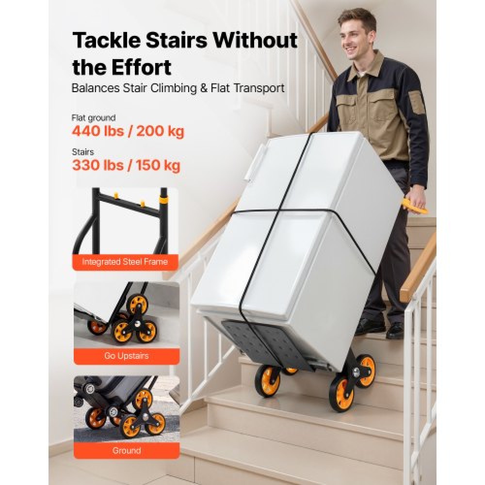 VEVOR Stair Climbing Cart, 150 kg Stair-Climbing Capacity, Heavy-Duty Folding Trolley Cart with Telescoping Handle, 6 Wheels and 2 Bungee Cords, Stair Climber Dolly for Home, Groceries, Warehouse