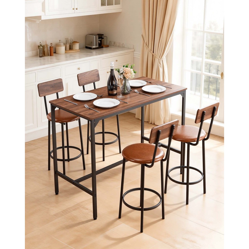 VEVOR Table Bar, 5PCS 1193,8mm Bars Σετ Τραπεζών, Σετ Τραπέζια και Καρέκλες Μπαρ με Σχέδιο Στρογγυλεμένων άκρων, Ορθογώνιο Τραπέζι Παμπ με Τέσσερα Σκαμπό για Σαλόνι, Τραπεζαρία, Κουζίνα, Χρώμα Καρυδιά, Μαύρο