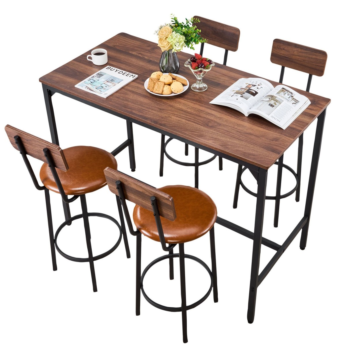 VEVOR Table Bar, 5PCS 1193,8mm Bars Σετ Τραπεζών, Σετ Τραπέζια και Καρέκλες Μπαρ με Σχέδιο Στρογγυλεμένων άκρων, Ορθογώνιο Τραπέζι Παμπ με Τέσσερα Σκαμπό για Σαλόνι, Τραπεζαρία, Κουζίνα, Χρώμα Καρυδιά, Μαύρο