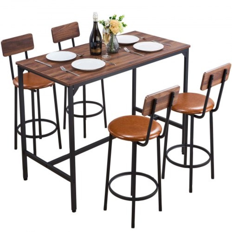 VEVOR Table Bar, 5PCS 1193,8mm Bars Σετ Τραπεζών, Σετ Τραπέζια και Καρέκλες Μπαρ με Σχέδιο Στρογγυλεμένων άκρων, Ορθογώνιο Τραπέζι Παμπ με Τέσσερα Σκαμπό για Σαλόνι, Τραπεζαρία, Κουζίνα, Χρώμα Καρυδιά, Μαύρο