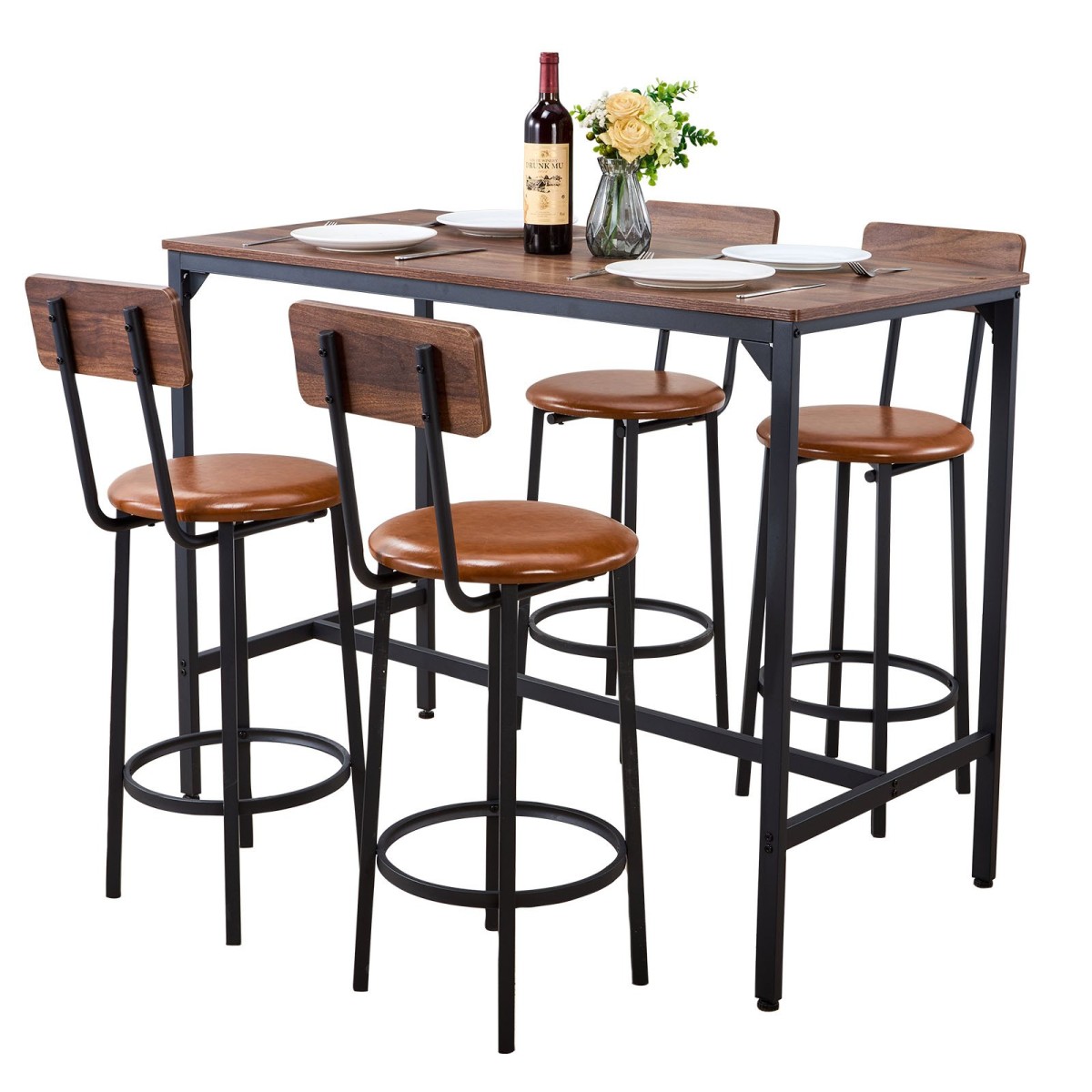 VEVOR Table Bar, 5PCS 1193,8mm Bars Σετ Τραπεζών, Σετ Τραπέζια και Καρέκλες Μπαρ με Σχέδιο Στρογγυλεμένων άκρων, Ορθογώνιο Τραπέζι Παμπ με Τέσσερα Σκαμπό για Σαλόνι, Τραπεζαρία, Κουζίνα, Χρώμα Καρυδιά, Μαύρο