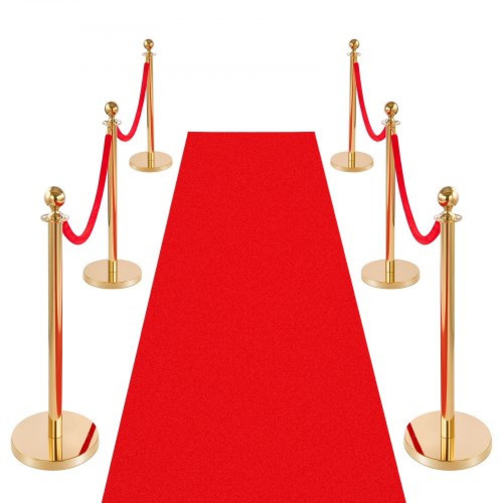VEVOR Stanchion Post, 6 Pcs Crowd Control Barrier Set with Red Carpet, 4 Red Velvet Ropes, Stainless Steel Gold Stanchion Post Queue with Hollow Base for Theater, Party, Wedding, Exhibition (Gold)