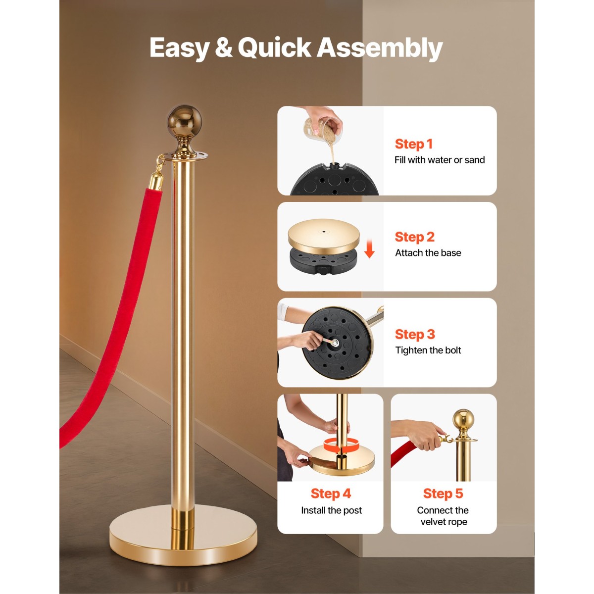 VEVOR Stanchion Post, 6 τμχ Σετ Crowd Control Barrier με Κόκκινο Χαλί, 4 Red Velvet Σχοινιά, Ανοξείδωτο Χρυσό Stanchion Post Queue με Κοίλη Βάση για Θέατρο, Πάρτυ, Γάμο, Έκθεση (Χρυσός)