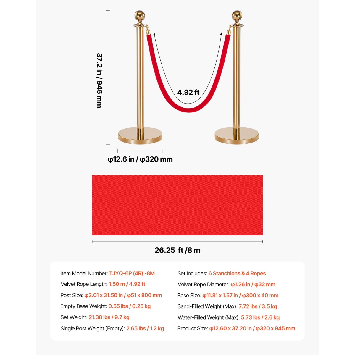 VEVOR Stanchion Post, 6 τμχ Σετ Crowd Control Barrier με Κόκκινο Χαλί, 4 Red Velvet Σχοινιά, Ανοξείδωτο Χρυσό Stanchion Post Queue με Κοίλη Βάση για Θέατρο, Πάρτυ, Γάμο, Έκθεση (Χρυσός)