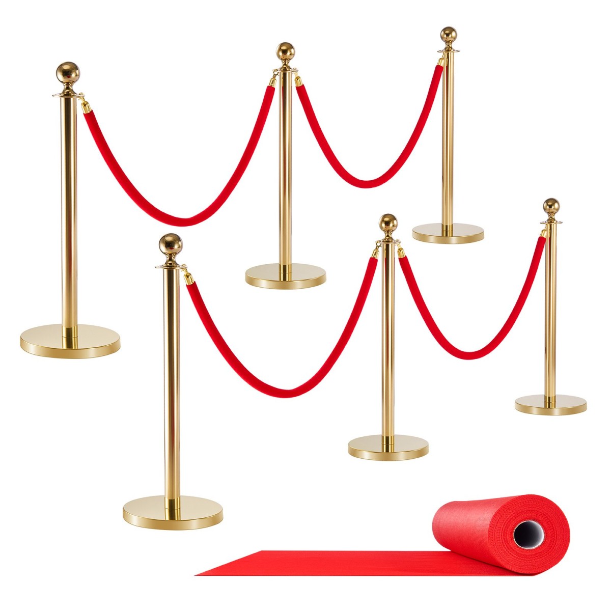 VEVOR Stanchion Post, 6 τμχ Σετ Crowd Control Barrier με Κόκκινο Χαλί, 4 Red Velvet Σχοινιά, Ανοξείδωτο Χρυσό Stanchion Post Queue με Κοίλη Βάση για Θέατρο, Πάρτυ, Γάμο, Έκθεση (Χρυσός)