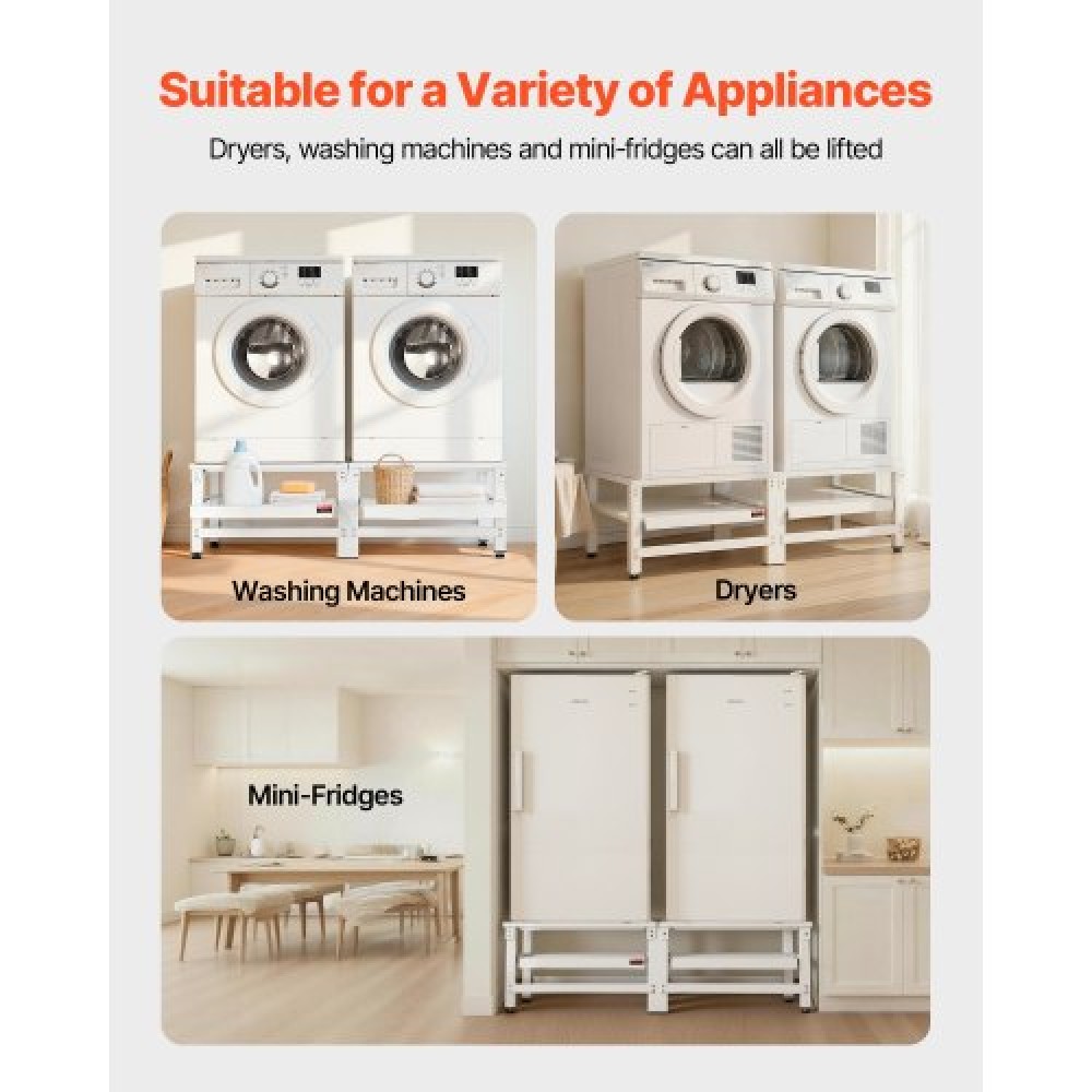 VEVOR Laundry Pedestal, 355 mm Height, Washer and Dryer Pedestals with Pull-out Tray, 318 kg Weight Load Capacity, Non-Slip Feet, Heavy-duty Steel Washing Machine Stand Universal Fit, White, 2 Pack