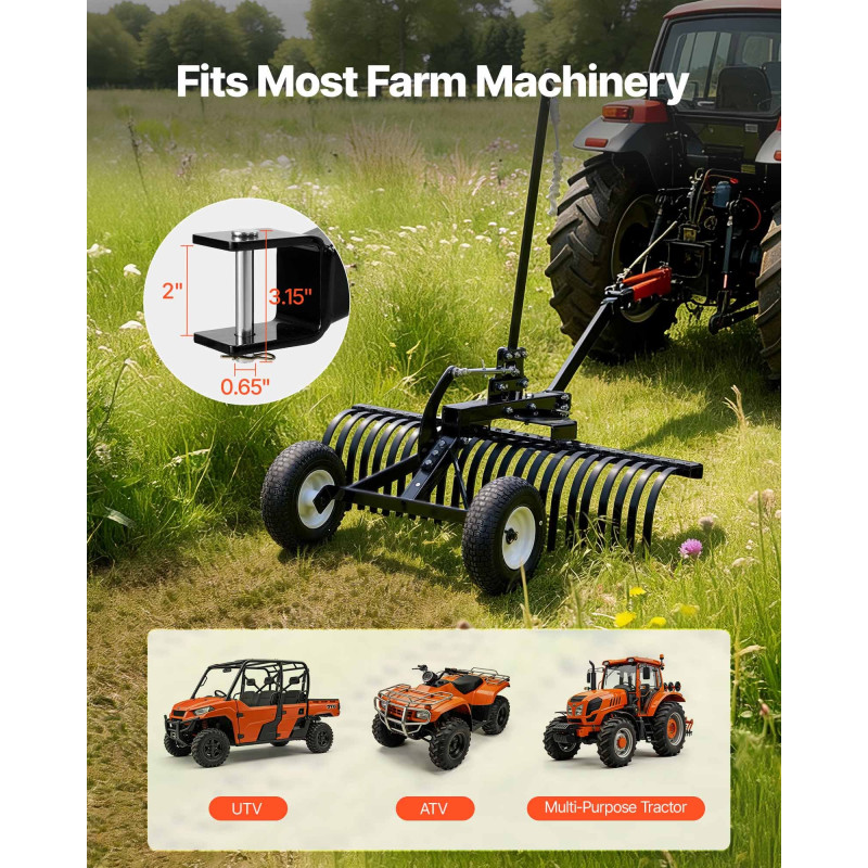 VEVOR 122 cm Tow Behind Landscape Rake, Pull Behind Lawn Rock Rakes for ATV Mower Tractors, 24 ανθεκτικά χαλύβδινα δόντια, ρυθμιζόμενο ύψος & γωνία, βαρέως τύπου τσουγκράνα για απορρίμματα φύλλων