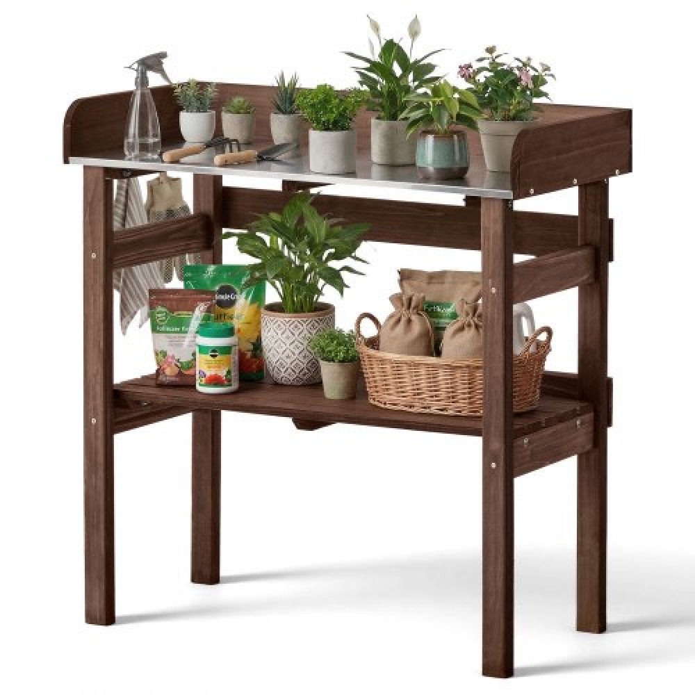 VEVOR Potting Bench Table, Outdoor Gardening Workstation with 78 x 38 cm Wood Tabletop, Storage Shelves, Hooks, Garden Planting Work Station for Outside Patio, Backyard, Balcony, Brown