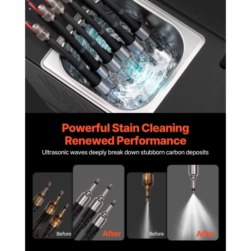 VEVOR Fuel Injector Cleaner Tester, 9 Test Mode, 6-Cylinder 28kHz Ultrasonic Cleaning Machine ρυθμιζόμενο 12V/70V/120V for EFI/FSI/GDI, Injector Cleaner Machine with Drain Valve for Car & Motorcycle