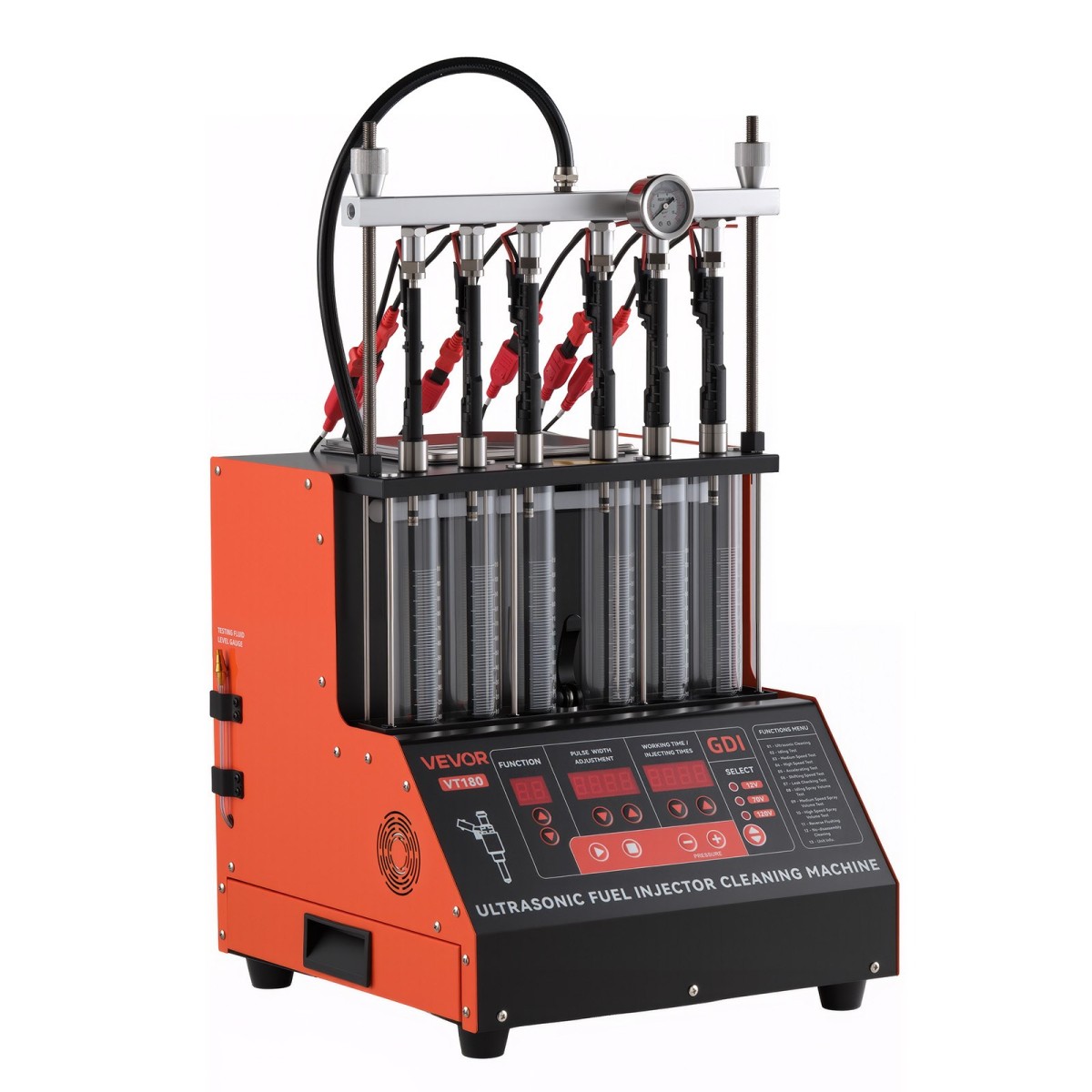 VEVOR Fuel Injector Cleaner Tester, 9 Test Mode, 6-Cylinder 28kHz Ultrasonic Cleaning Machine ρυθμιζόμενο 12V/70V/120V for EFI/FSI/GDI, Injector Cleaner Machine with Drain Valve for Car & Motorcycle