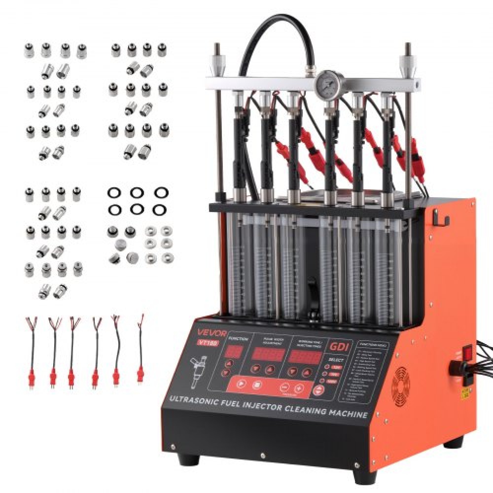 VEVOR Fuel Injector Cleaner Tester, 9 Test Mode, 6-Cylinder 28kHz Ultrasonic Cleaning Machine ρυθμιζόμενο 12V/70V/120V for EFI/FSI/GDI, Injector Cleaner Machine with Drain Valve for Car & Motorcycle