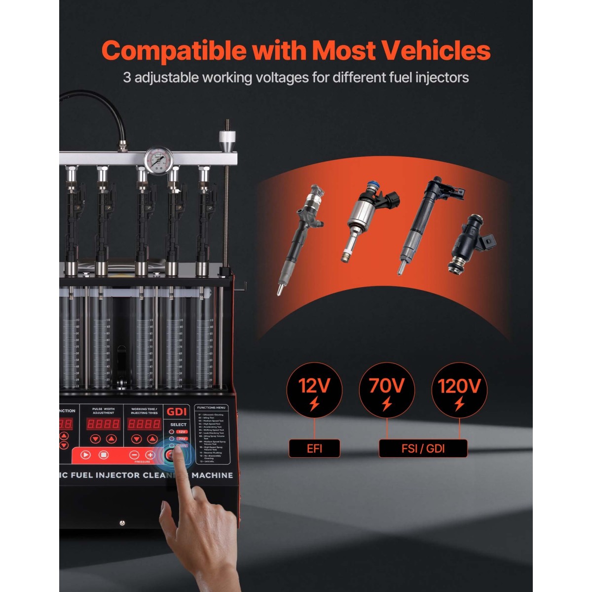 VEVOR Fuel Injector Cleaner Tester, 9 Test Mode, 6-Cylinder 28kHz Ultrasonic Cleaning Machine ρυθμιζόμενο 12V/70V/120V for EFI/FSI/GDI, Injector Cleaner Machine with Drain Valve for Car & Motorcycle