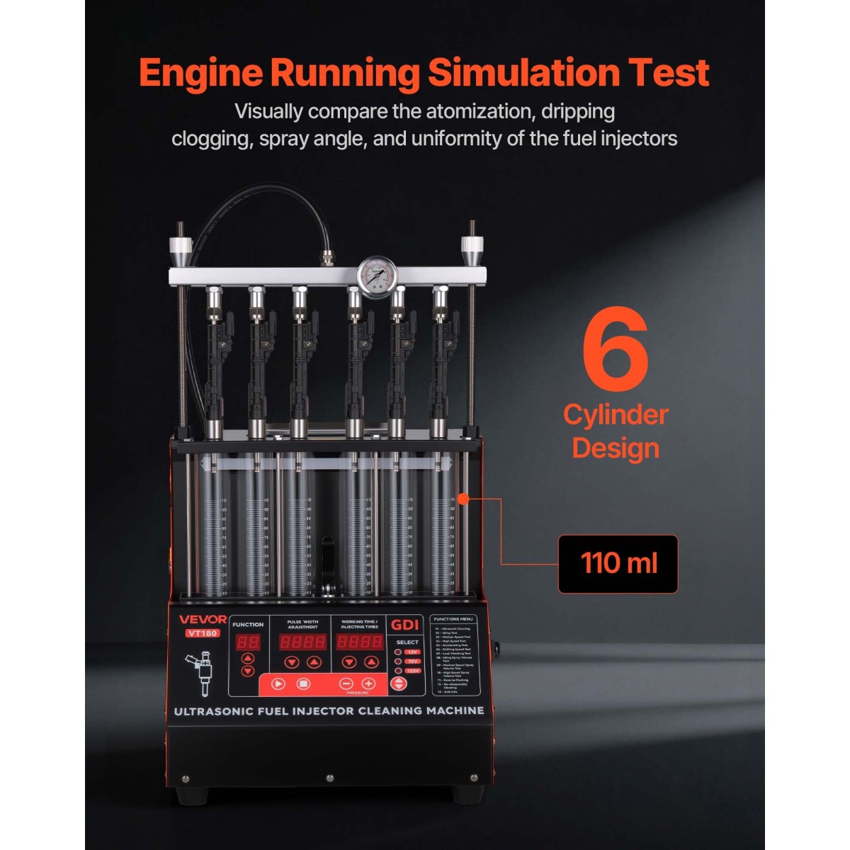 VEVOR Fuel Injector Cleaner Tester, 9 Test Mode, 6-Cylinder 28kHz Ultrasonic Cleaning Machine ρυθμιζόμενο 12V/70V/120V for EFI/FSI/GDI, Injector Cleaner Machine with Drain Valve for Car & Motorcycle