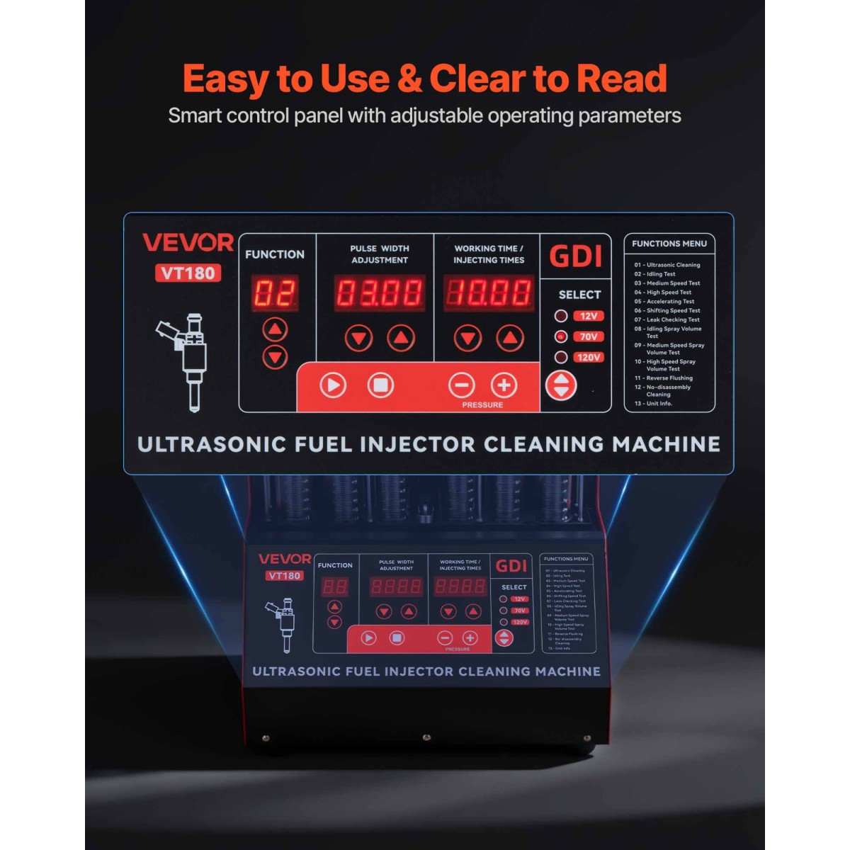 VEVOR Fuel Injector Cleaner Tester, 9 Test Mode, 6-Cylinder 28kHz Ultrasonic Cleaning Machine ρυθμιζόμενο 12V/70V/120V for EFI/FSI/GDI, Injector Cleaner Machine with Drain Valve for Car & Motorcycle