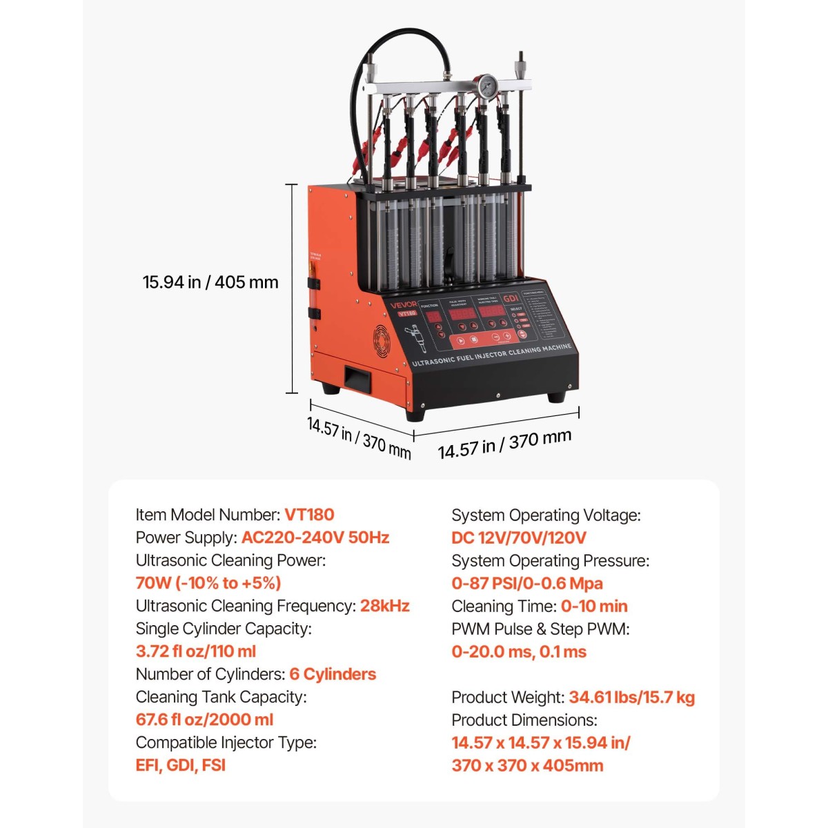 VEVOR Fuel Injector Cleaner Tester, 9 Test Mode, 6-Cylinder 28kHz Ultrasonic Cleaning Machine ρυθμιζόμενο 12V/70V/120V for EFI/FSI/GDI, Injector Cleaner Machine with Drain Valve for Car & Motorcycle
