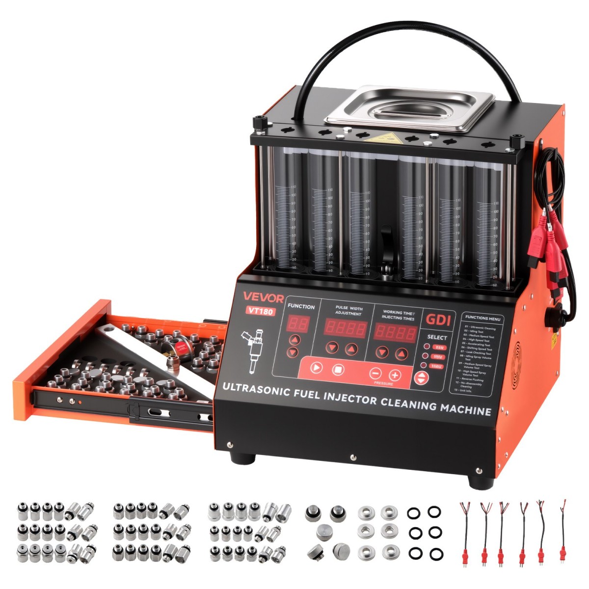VEVOR Fuel Injector Cleaner Tester, 9 Test Mode, 6-Cylinder 28kHz Ultrasonic Cleaning Machine ρυθμιζόμενο 12V/70V/120V for EFI/FSI/GDI, Injector Cleaner Machine with Drain Valve for Car & Motorcycle