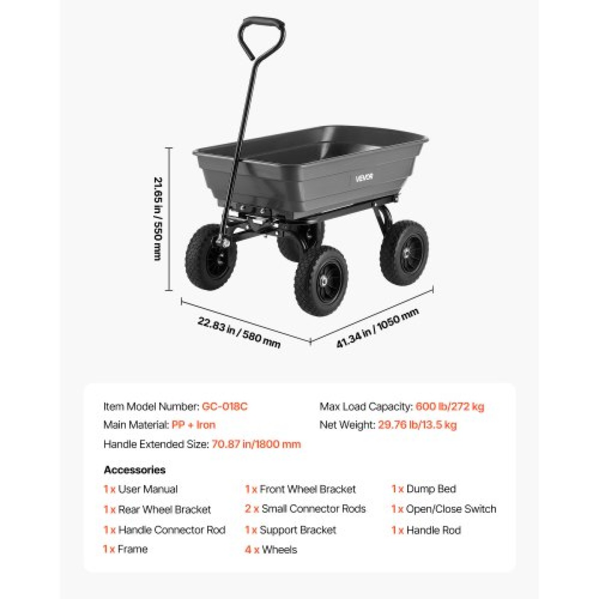 VEVOR Garden Dump Cart, 272 kg Poly Dump Cart, Garden Carts Dumps Wagon με μηχανισμό Quick-Dumps 90°, περιστρεφόμενους τροχούς 180°, εύκαμπτα περιστρεφόμενα ρουλεμάν 270°, Yard Wagon για φυτά, έδαφος, καλλιέργειες