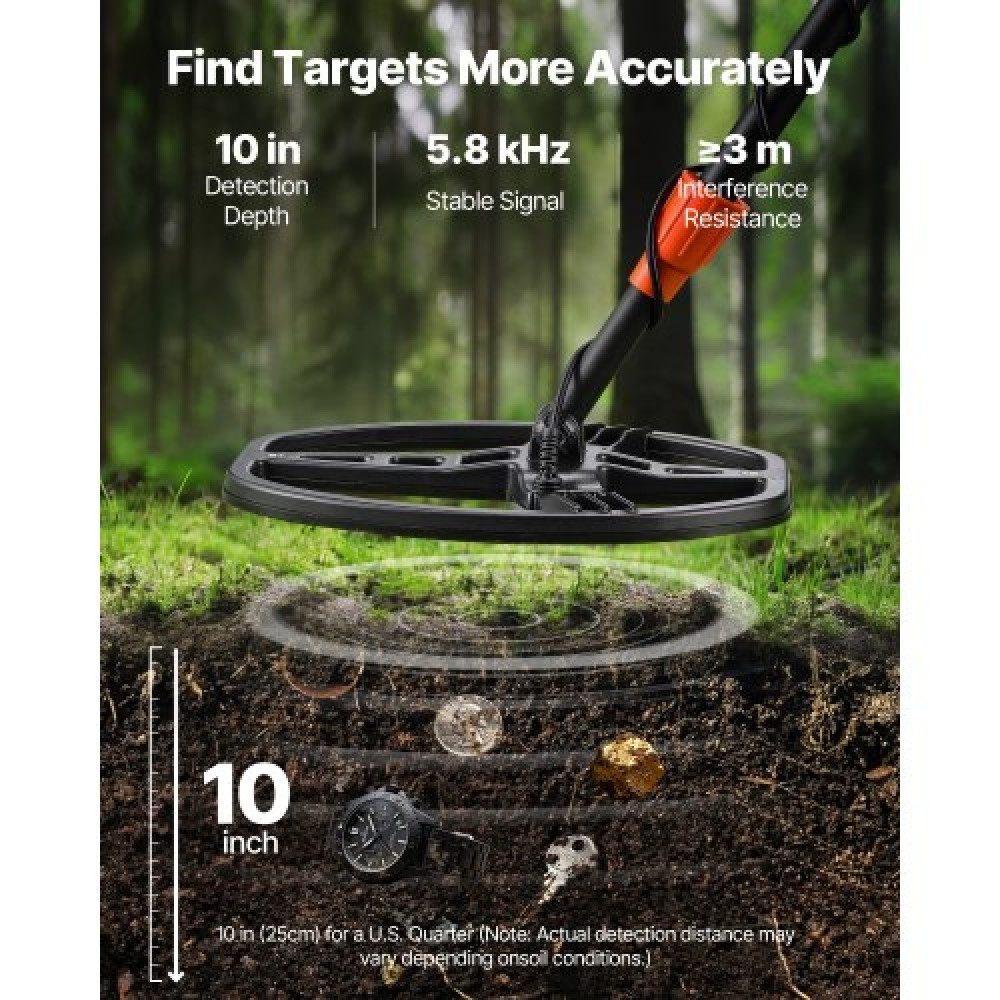 VEVOR Metal Detector for Adults, 254 mm, Professional High Accuracy Gold Detector, IP68 Waterproof Search Coil with Display, Headphones, 5 Modes, Adjustable Length, for Detecting Gold Treasure Hunting